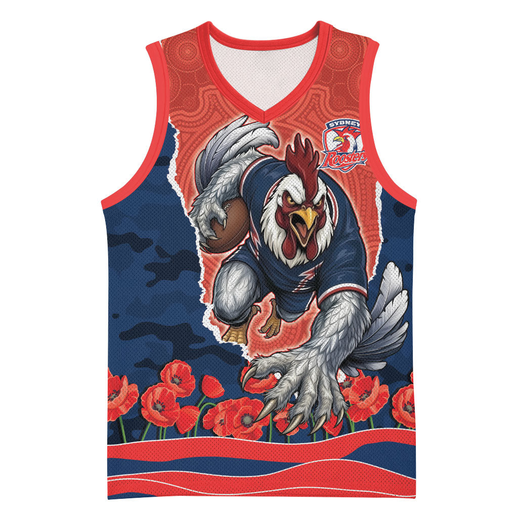 Personalized Sydney Roosters ANZAC Tribute Basketball Jersey Poppy Field Soldier Silhouette Aboriginal Rugby Mascot