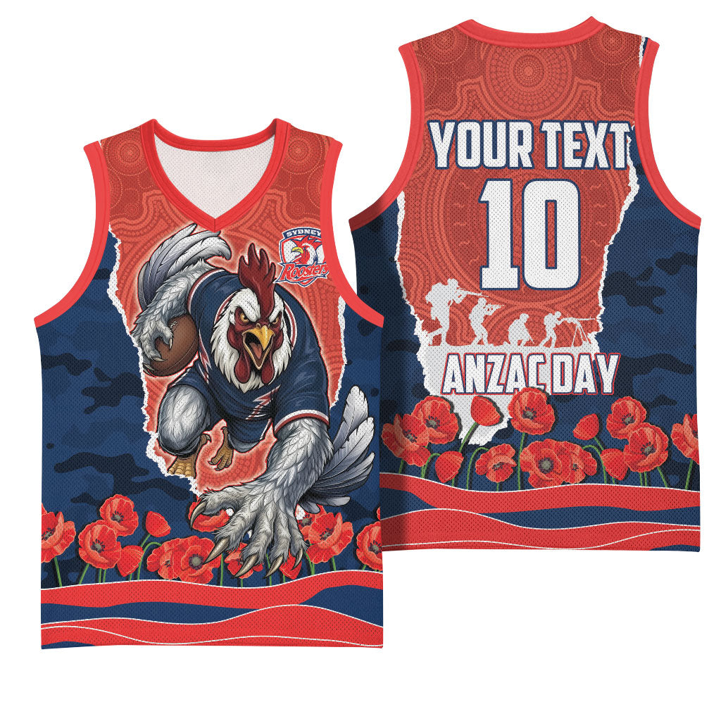 Personalized Sydney Roosters ANZAC Tribute Basketball Jersey Poppy Field Soldier Silhouette Aboriginal Rugby Mascot