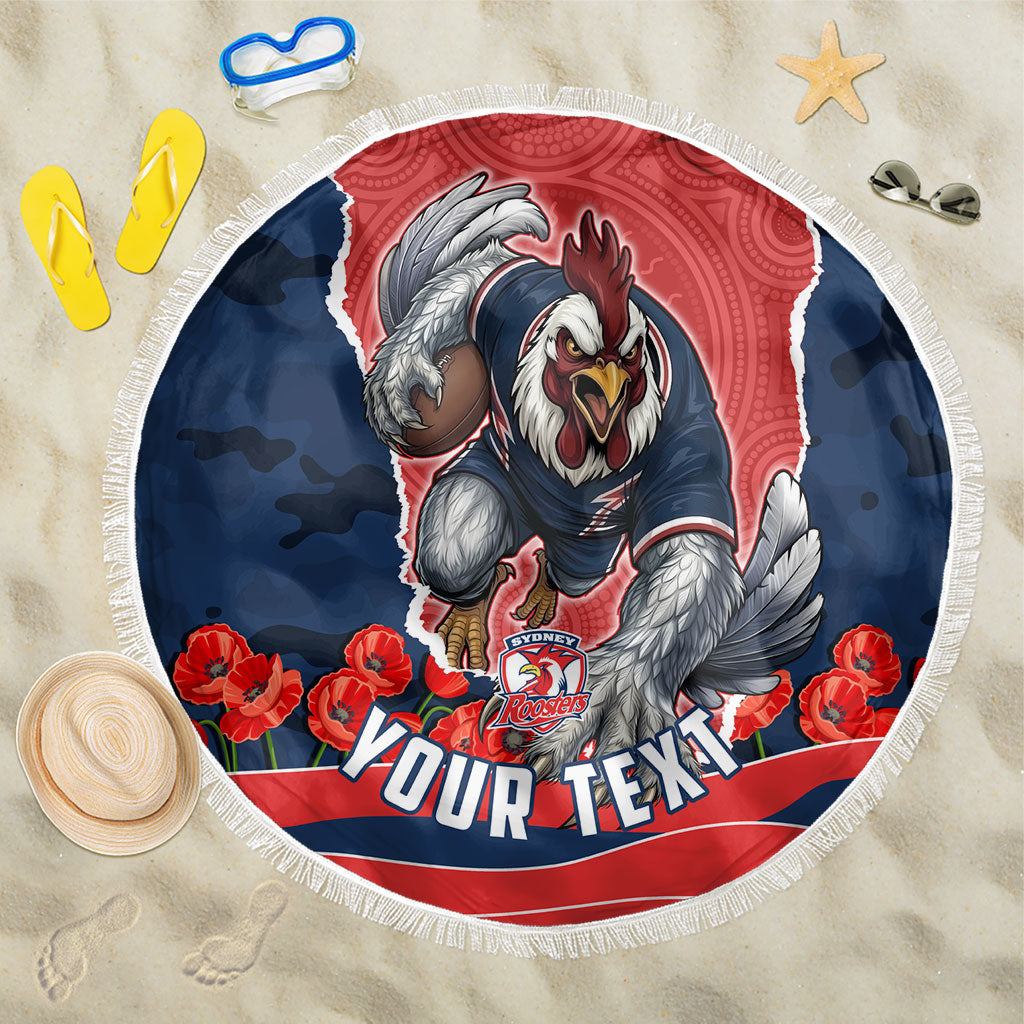 Personalized Sydney Roosters ANZAC Tribute Beach Blanket Poppy Field Soldier Silhouette Aboriginal Rugby Mascot