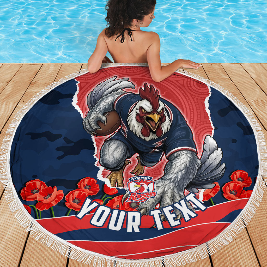 Personalized Sydney Roosters ANZAC Tribute Beach Blanket Poppy Field Soldier Silhouette Aboriginal Rugby Mascot