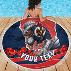 Personalized Sydney Roosters ANZAC Tribute Beach Blanket Poppy Field Soldier Silhouette Aboriginal Rugby Mascot