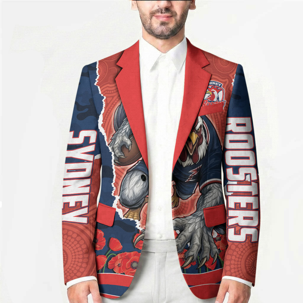 Personalized Sydney Roosters ANZAC Tribute Blazer Poppy Field Soldier Silhouette Aboriginal Rugby Mascot