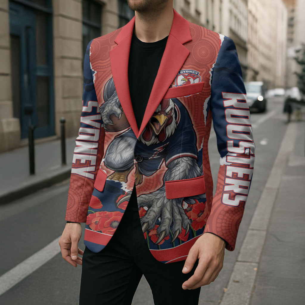 Personalized Sydney Roosters ANZAC Tribute Blazer Poppy Field Soldier Silhouette Aboriginal Rugby Mascot