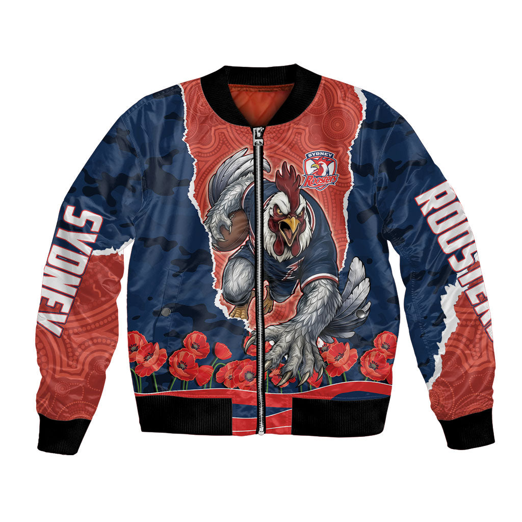 Personalized Sydney Roosters ANZAC Tribute Bomber Jacket Poppy Field Soldier Silhouette Aboriginal Rugby Mascot