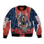 Personalized Sydney Roosters ANZAC Tribute Bomber Jacket Poppy Field Soldier Silhouette Aboriginal Rugby Mascot