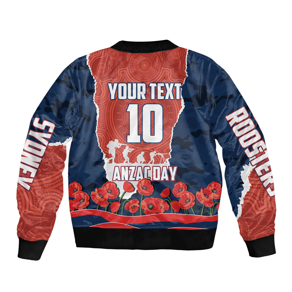 Personalized Sydney Roosters ANZAC Tribute Bomber Jacket Poppy Field Soldier Silhouette Aboriginal Rugby Mascot