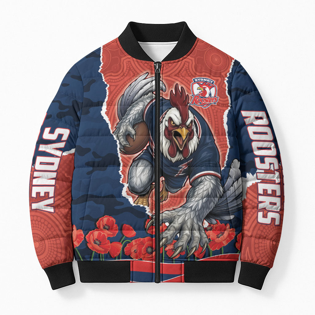 Personalized Sydney Roosters ANZAC Tribute Bomber Puffer Jacket Poppy Field Soldier Silhouette Aboriginal Rugby Mascot