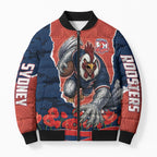 Personalized Sydney Roosters ANZAC Tribute Bomber Puffer Jacket Poppy Field Soldier Silhouette Aboriginal Rugby Mascot