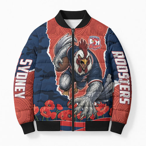 Personalized Sydney Roosters ANZAC Tribute Bomber Puffer Jacket Poppy Field Soldier Silhouette Aboriginal Rugby Mascot