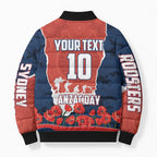 Personalized Sydney Roosters ANZAC Tribute Bomber Puffer Jacket Poppy Field Soldier Silhouette Aboriginal Rugby Mascot