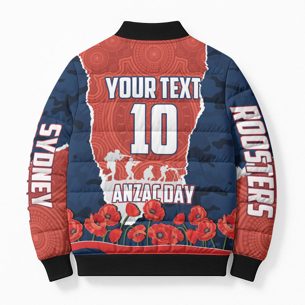 Personalized Sydney Roosters ANZAC Tribute Bomber Puffer Jacket Poppy Field Soldier Silhouette Aboriginal Rugby Mascot