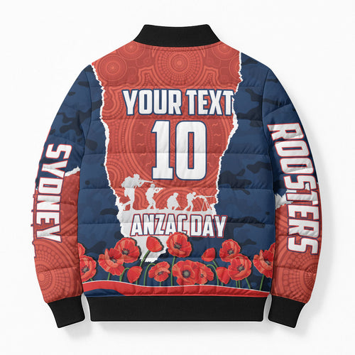 Personalized Sydney Roosters ANZAC Tribute Bomber Puffer Jacket Poppy Field Soldier Silhouette Aboriginal Rugby Mascot