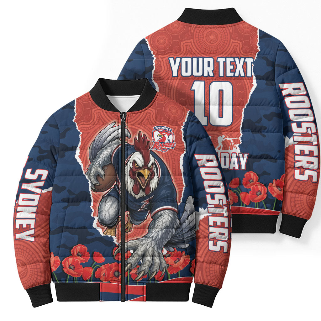 Personalized Sydney Roosters ANZAC Tribute Bomber Puffer Jacket Poppy Field Soldier Silhouette Aboriginal Rugby Mascot