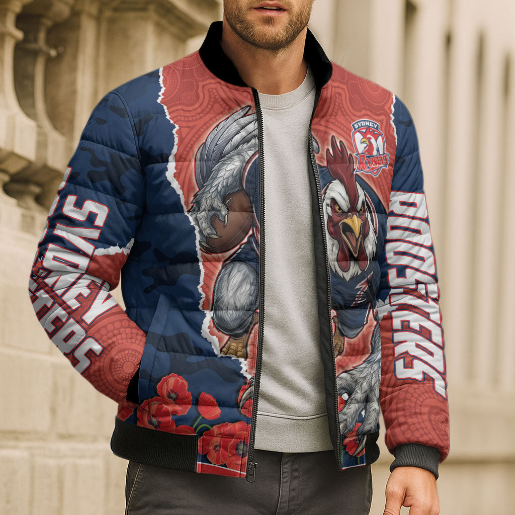 Personalized Sydney Roosters ANZAC Tribute Bomber Puffer Jacket Poppy Field Soldier Silhouette Aboriginal Rugby Mascot