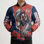 Personalized Sydney Roosters ANZAC Tribute Bomber Puffer Jacket Poppy Field Soldier Silhouette Aboriginal Rugby Mascot