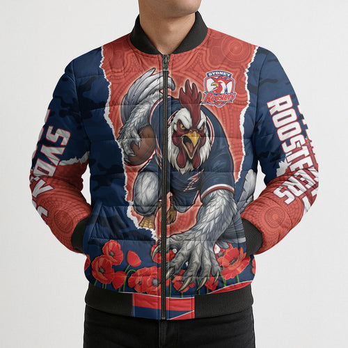 Personalized Sydney Roosters ANZAC Tribute Bomber Puffer Jacket Poppy Field Soldier Silhouette Aboriginal Rugby Mascot