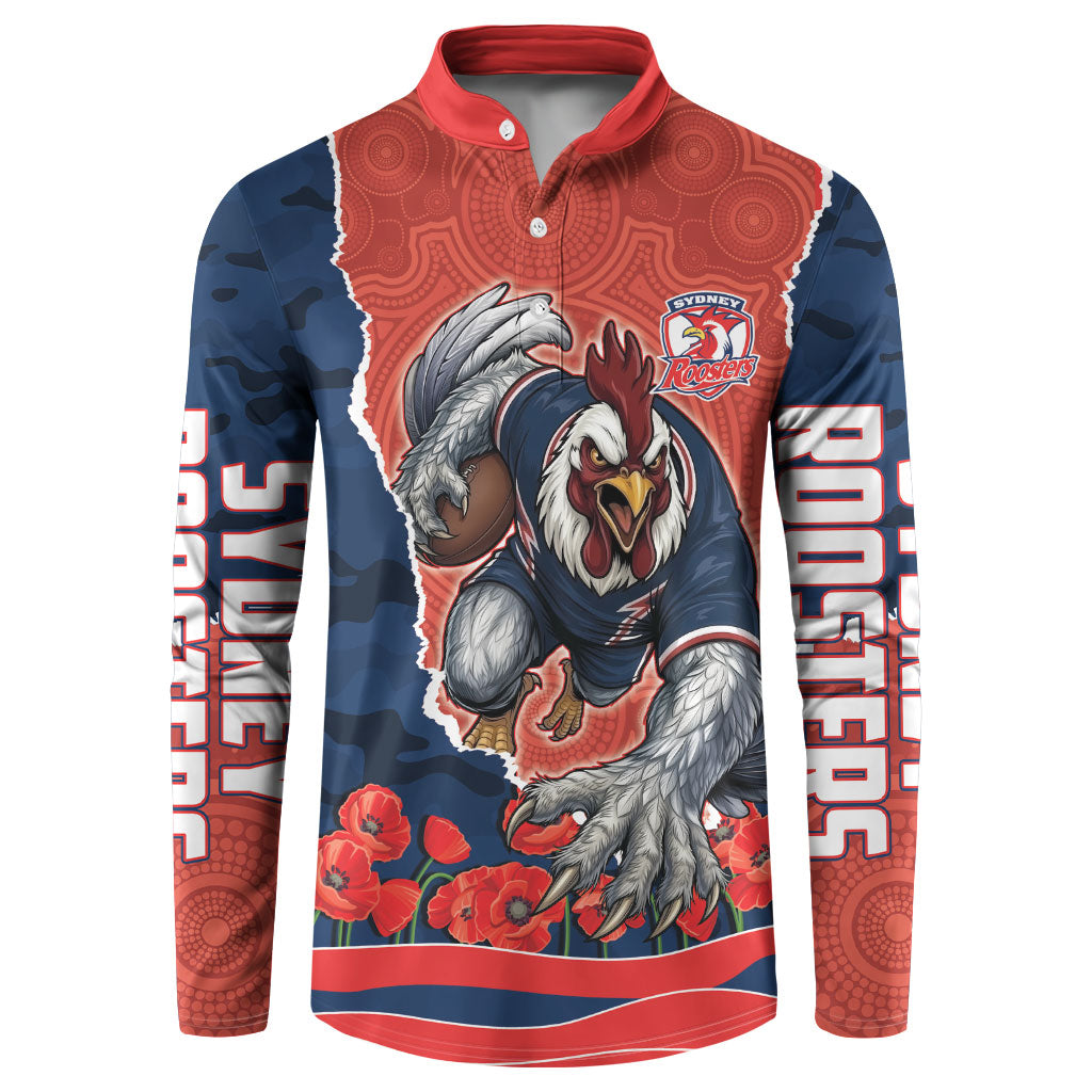 Personalized Sydney Roosters ANZAC Tribute Button Sweatshirt Poppy Field Soldier Silhouette Aboriginal Rugby Mascot