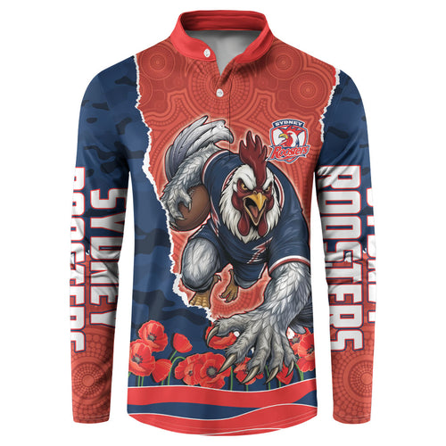Personalized Sydney Roosters ANZAC Tribute Button Sweatshirt Poppy Field Soldier Silhouette Aboriginal Rugby Mascot
