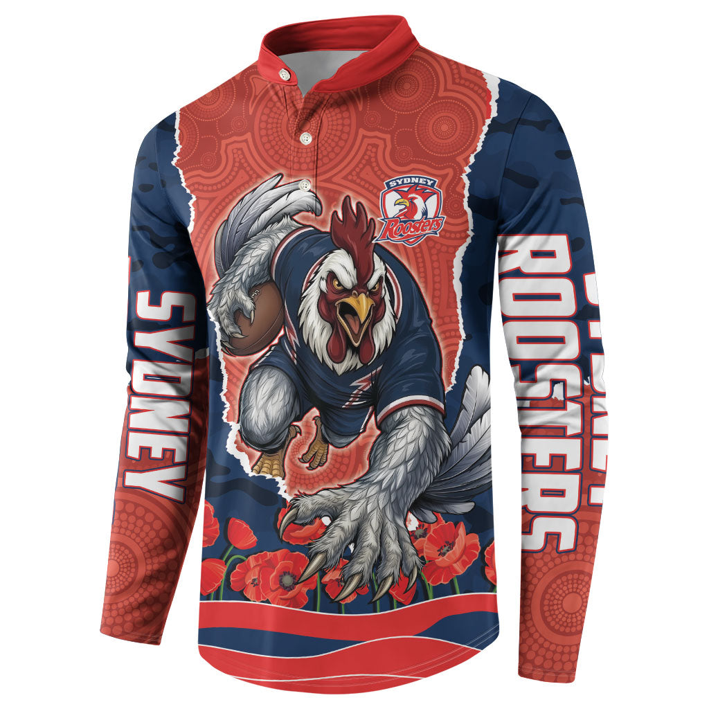 Personalized Sydney Roosters ANZAC Tribute Button Sweatshirt Poppy Field Soldier Silhouette Aboriginal Rugby Mascot