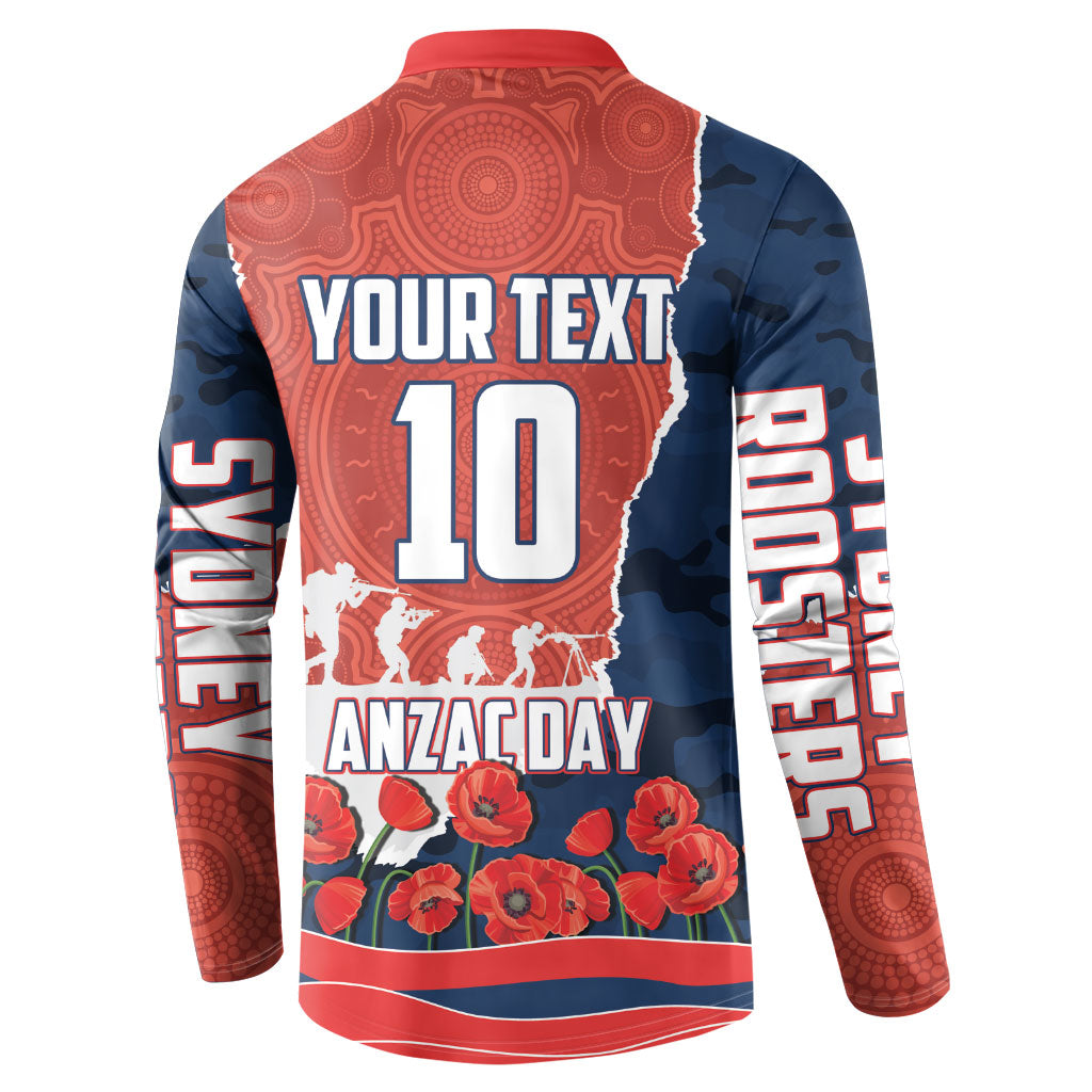 Personalized Sydney Roosters ANZAC Tribute Button Sweatshirt Poppy Field Soldier Silhouette Aboriginal Rugby Mascot