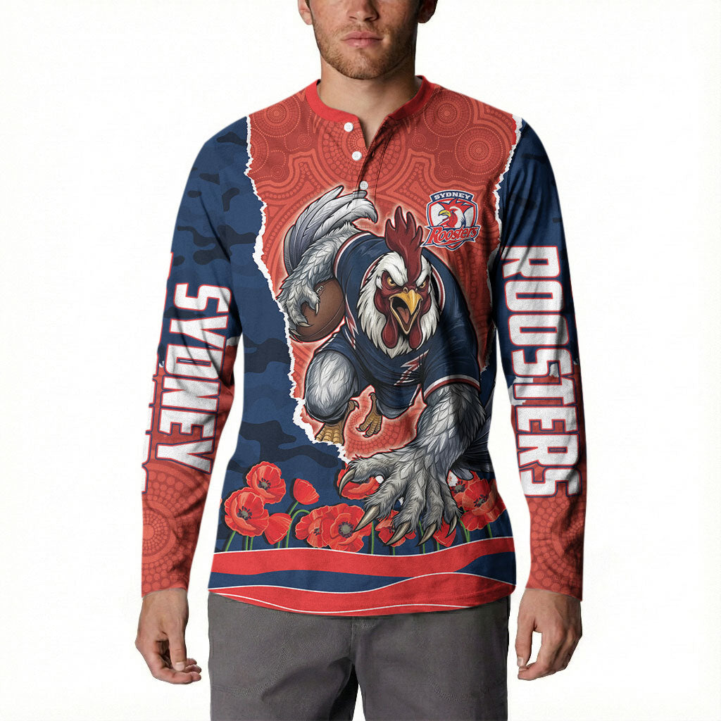 Personalized Sydney Roosters ANZAC Tribute Button Sweatshirt Poppy Field Soldier Silhouette Aboriginal Rugby Mascot