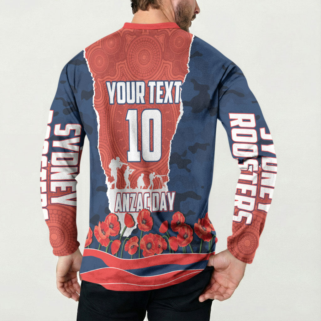 Personalized Sydney Roosters ANZAC Tribute Button Sweatshirt Poppy Field Soldier Silhouette Aboriginal Rugby Mascot