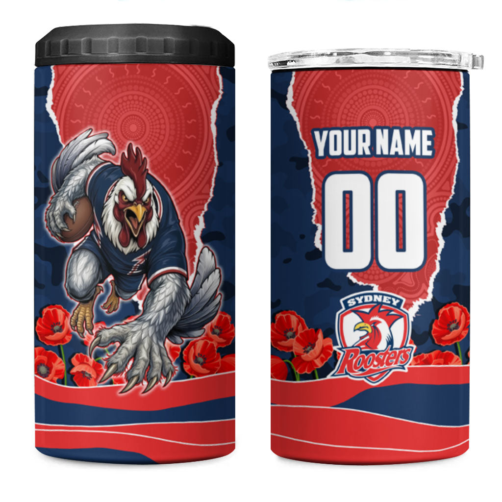 Personalized Sydney Roosters ANZAC Tribute 4 in 1 Can Cooler Tumbler Poppy Field Soldier Silhouette Aboriginal Rugby Mascot