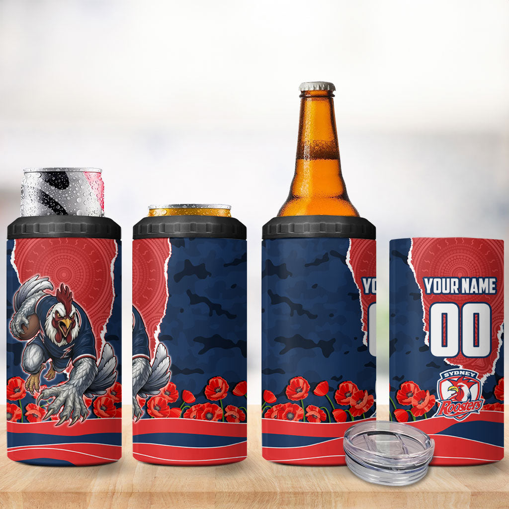 Personalized Sydney Roosters ANZAC Tribute 4 in 1 Can Cooler Tumbler Poppy Field Soldier Silhouette Aboriginal Rugby Mascot