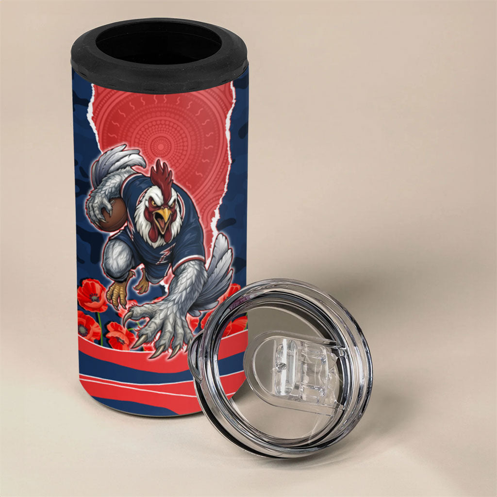 Personalized Sydney Roosters ANZAC Tribute 4 in 1 Can Cooler Tumbler Poppy Field Soldier Silhouette Aboriginal Rugby Mascot