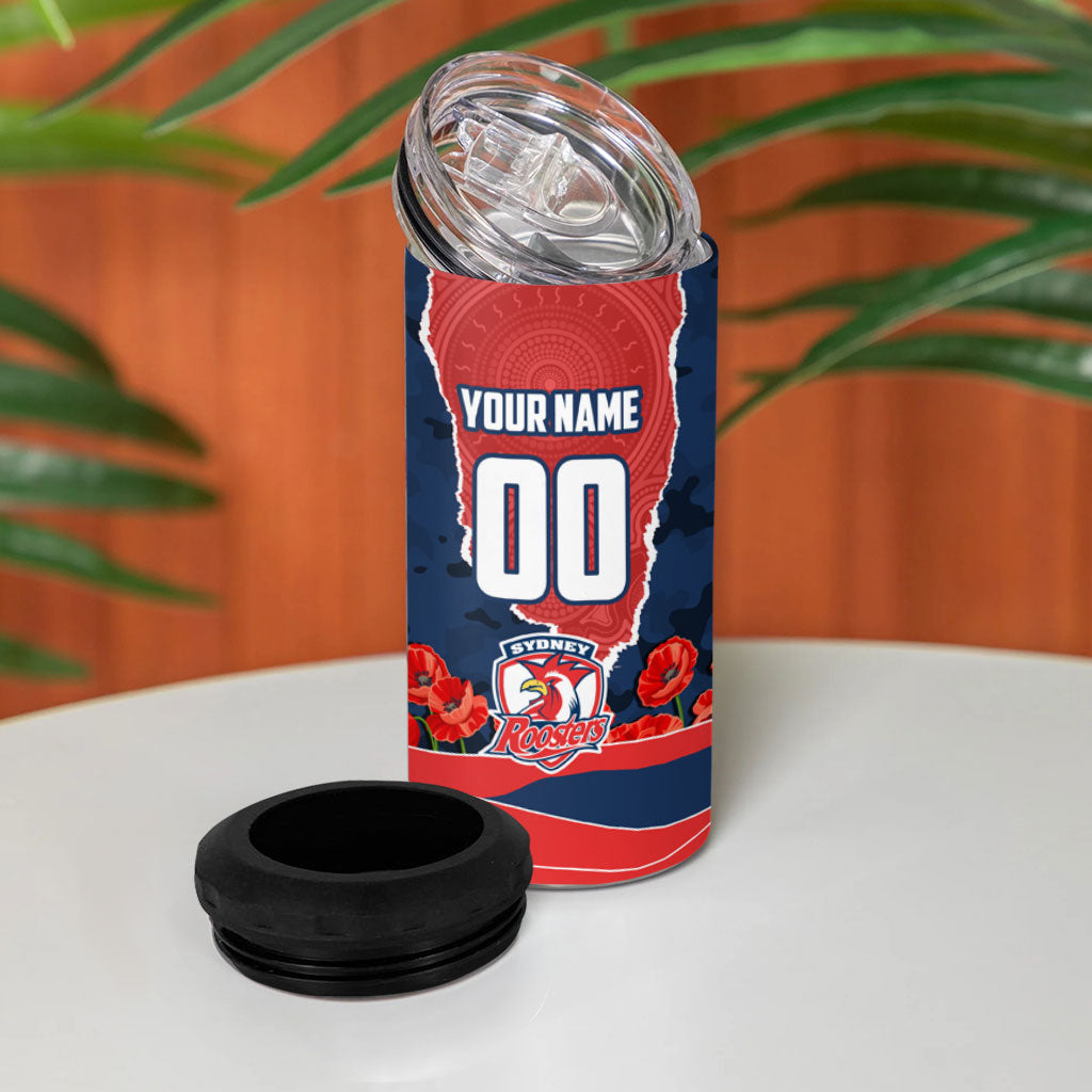 Personalized Sydney Roosters ANZAC Tribute 4 in 1 Can Cooler Tumbler Poppy Field Soldier Silhouette Aboriginal Rugby Mascot