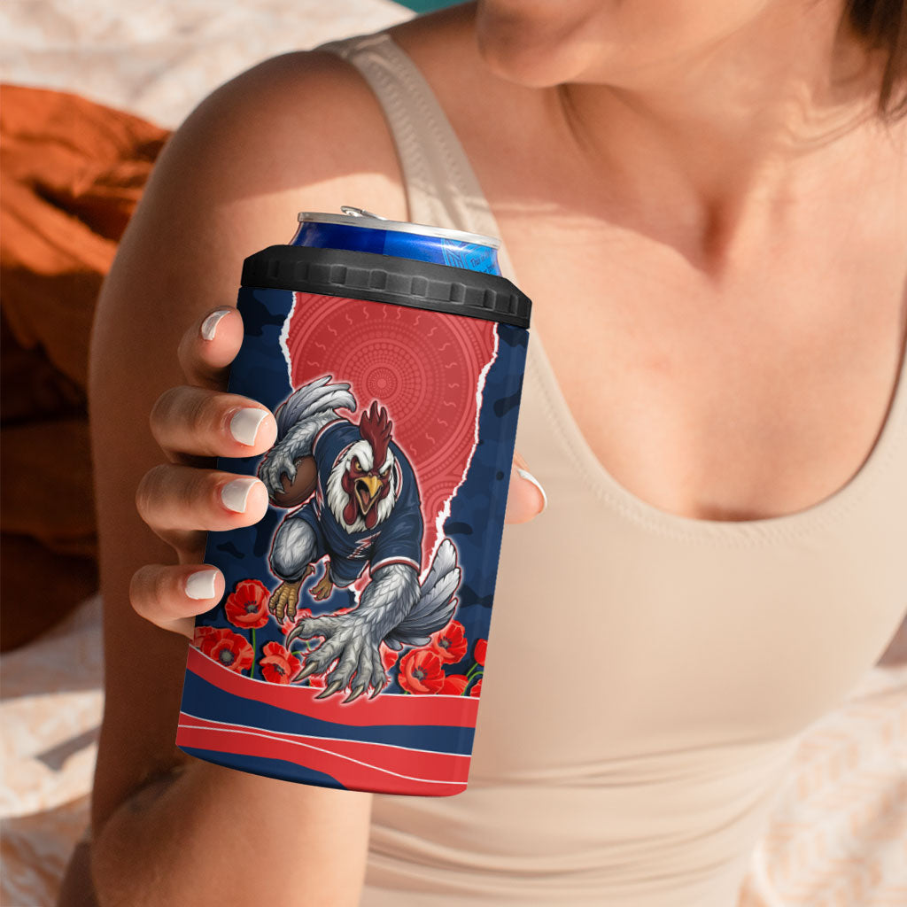Personalized Sydney Roosters ANZAC Tribute 4 in 1 Can Cooler Tumbler Poppy Field Soldier Silhouette Aboriginal Rugby Mascot
