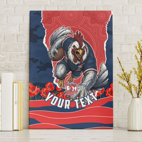 Personalized Sydney Roosters ANZAC Tribute Canvas Wall Art Poppy Field Soldier Silhouette Aboriginal Rugby Mascot