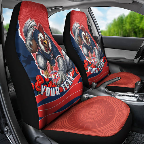 Personalized Sydney Roosters ANZAC Tribute Car Seat Cover Poppy Field Soldier Silhouette Aboriginal Rugby Mascot