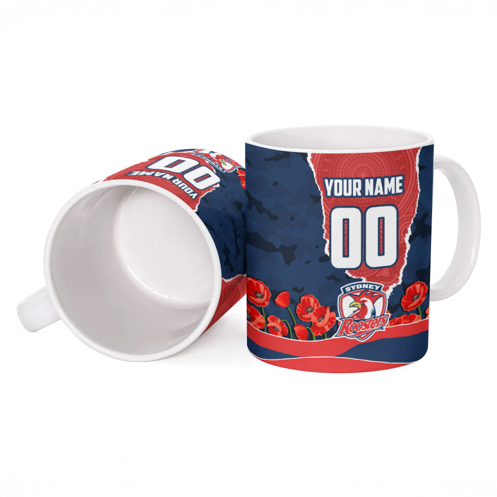 Personalized Sydney Roosters ANZAC Tribute Ceramic Mug Poppy Field Soldier Silhouette Aboriginal Rugby Mascot