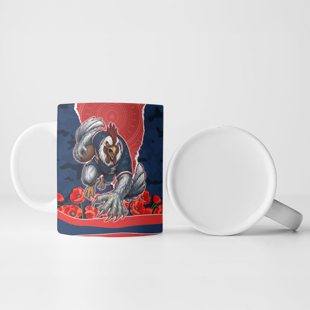 Personalized Sydney Roosters ANZAC Tribute Ceramic Mug Poppy Field Soldier Silhouette Aboriginal Rugby Mascot