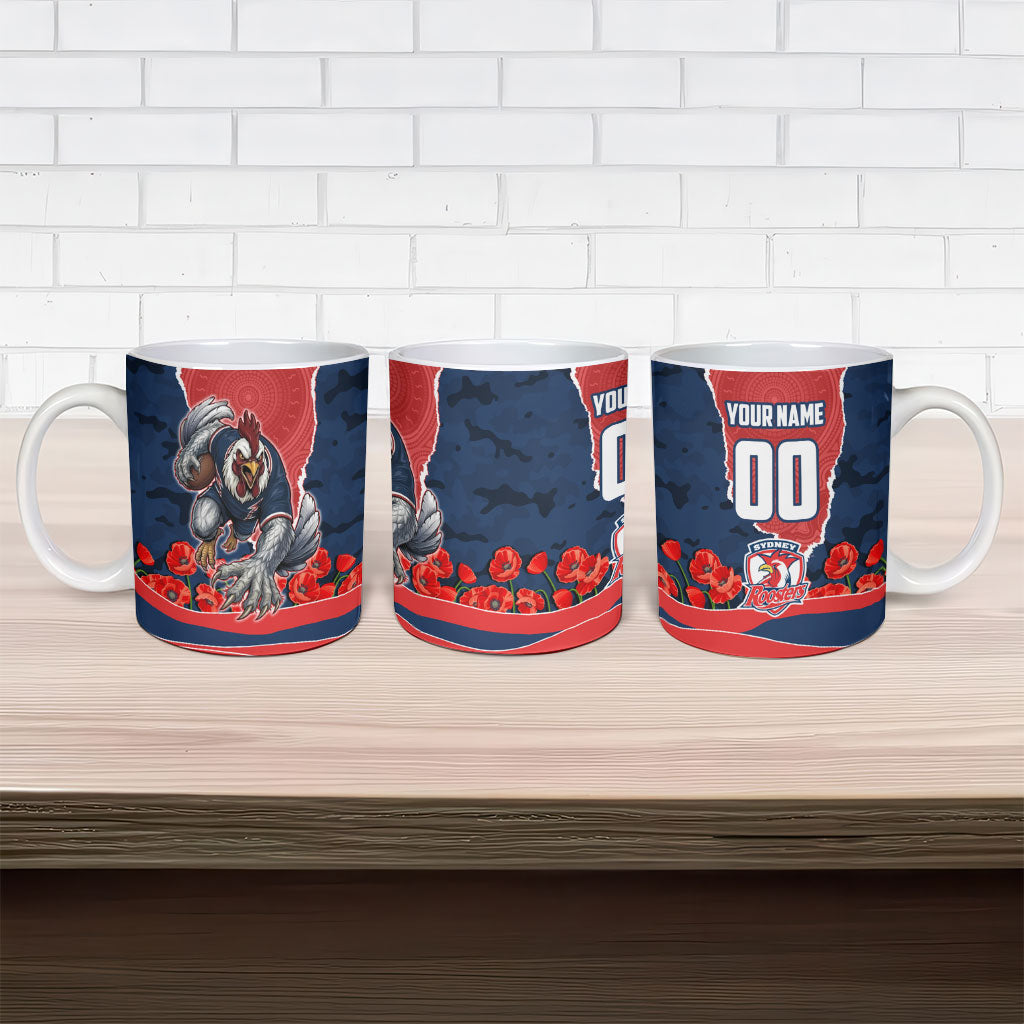 Personalized Sydney Roosters ANZAC Tribute Ceramic Mug Poppy Field Soldier Silhouette Aboriginal Rugby Mascot