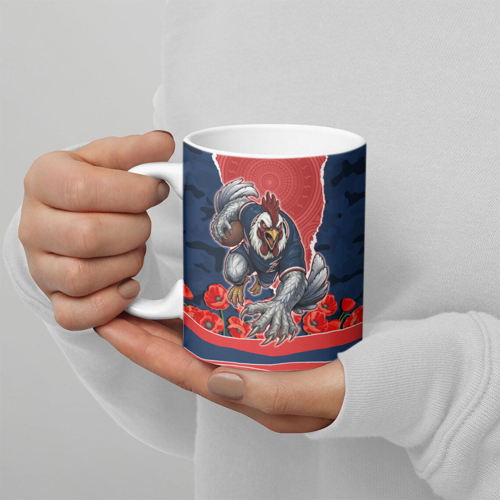 Personalized Sydney Roosters ANZAC Tribute Ceramic Mug Poppy Field Soldier Silhouette Aboriginal Rugby Mascot