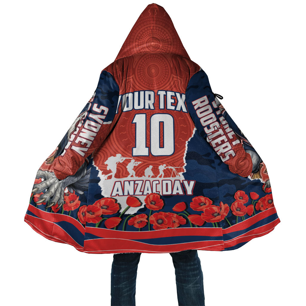 Personalized Sydney Roosters ANZAC Tribute Cloak Poppy Field Soldier Silhouette Aboriginal Rugby Mascot