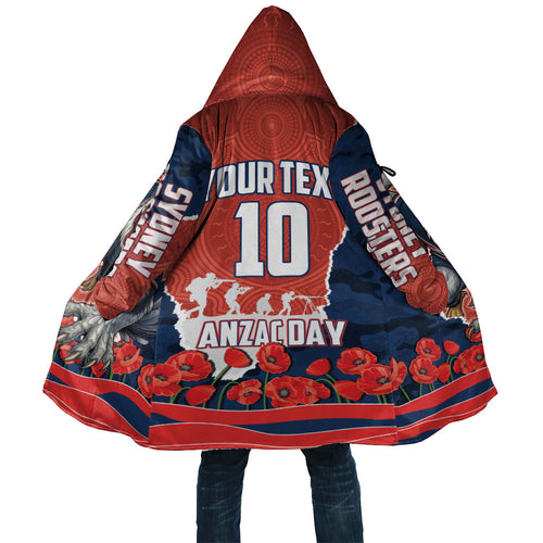 Personalized Sydney Roosters ANZAC Tribute Cloak Poppy Field Soldier Silhouette Aboriginal Rugby Mascot