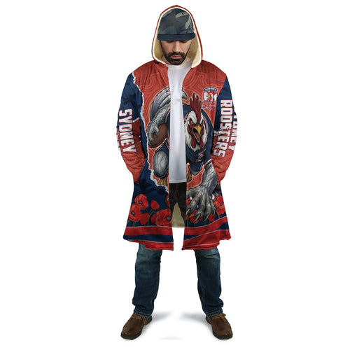 Personalized Sydney Roosters ANZAC Tribute Cloak Poppy Field Soldier Silhouette Aboriginal Rugby Mascot