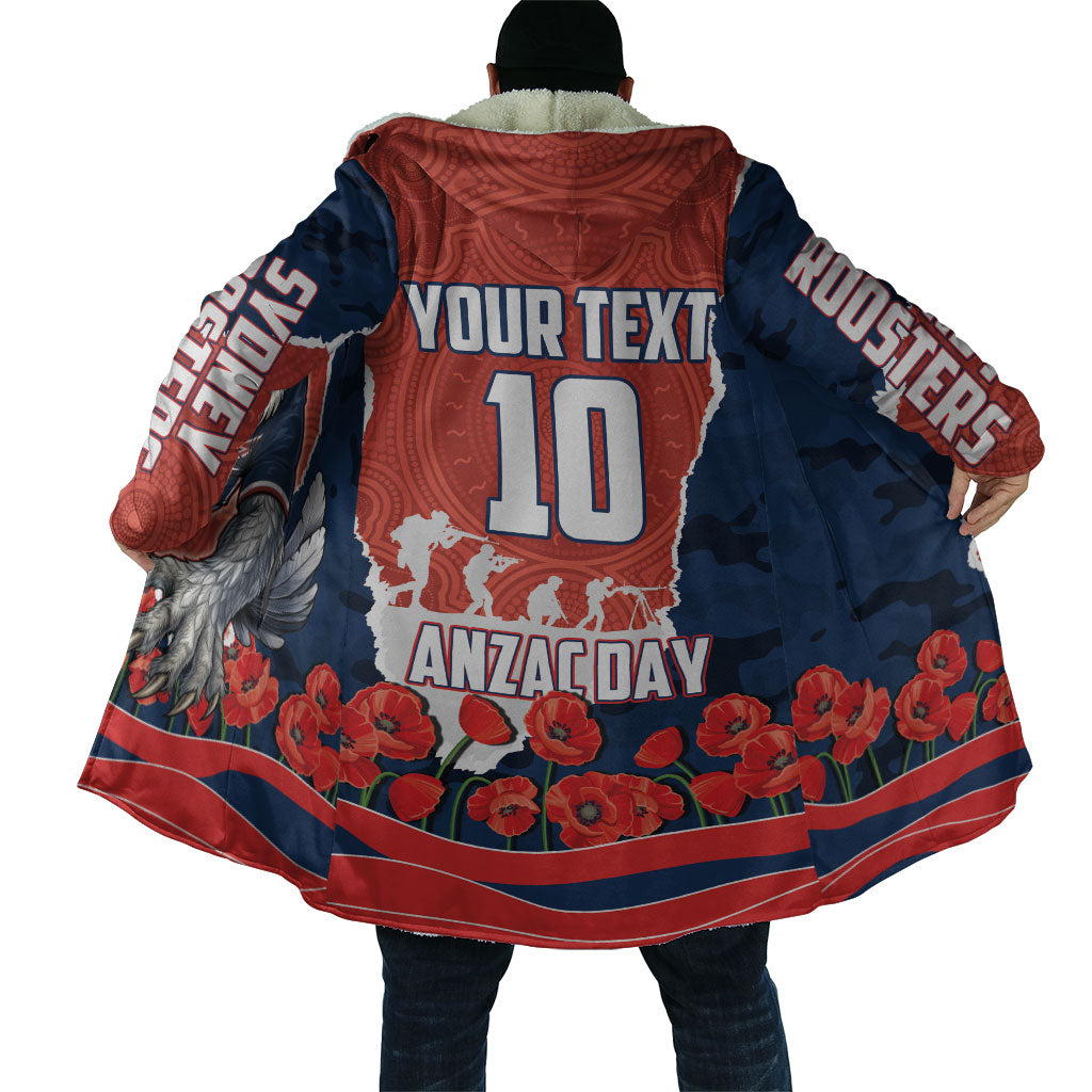 Personalized Sydney Roosters ANZAC Tribute Cloak Poppy Field Soldier Silhouette Aboriginal Rugby Mascot
