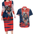 Personalized Sydney Roosters ANZAC Tribute Couples Matching Long Sleeve Bodycon Dress and Hawaiian Shirt Poppy Field Soldier Silhouette Aboriginal Rugby Mascot
