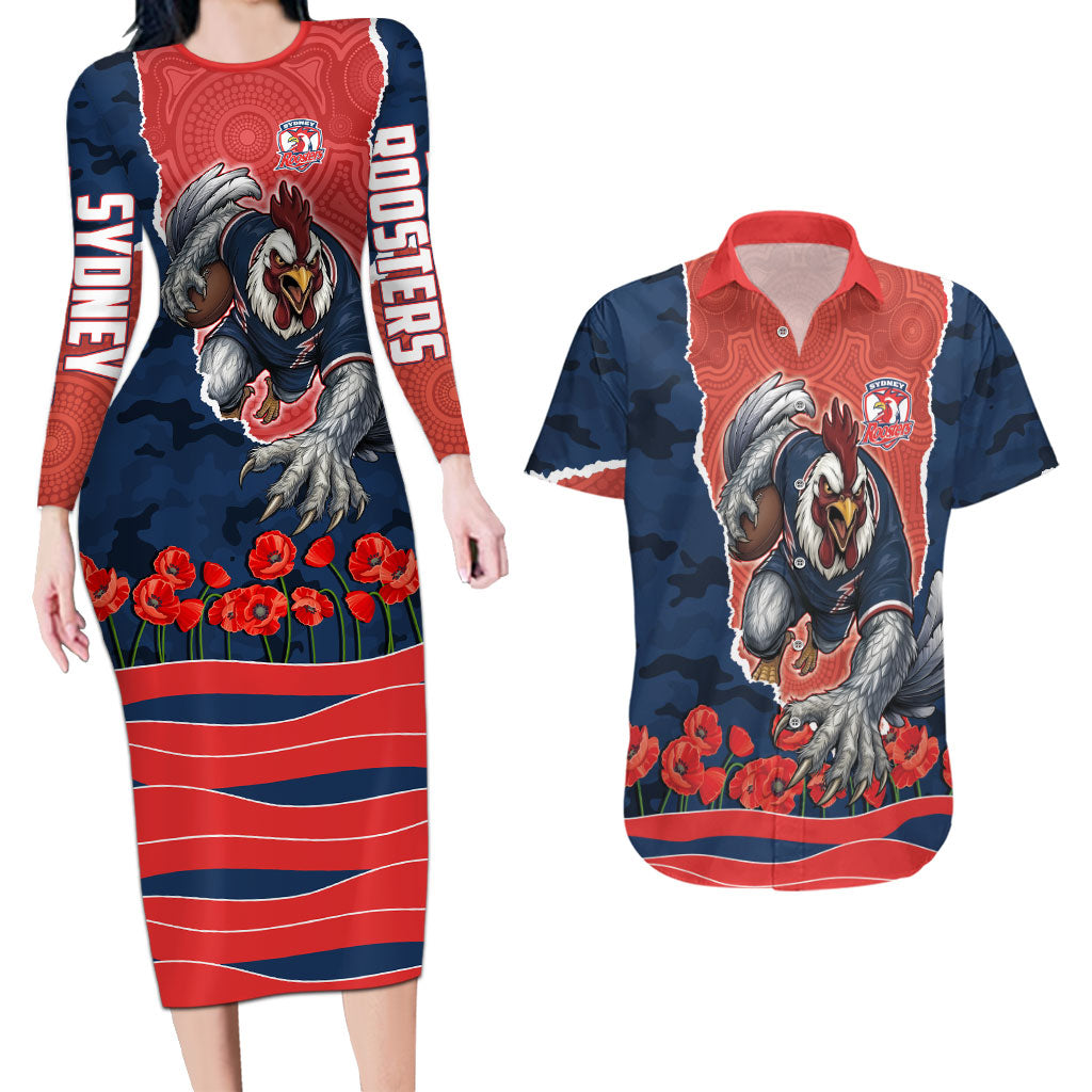 Personalized Sydney Roosters ANZAC Tribute Couples Matching Long Sleeve Bodycon Dress and Hawaiian Shirt Poppy Field Soldier Silhouette Aboriginal Rugby Mascot