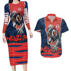 Personalized Sydney Roosters ANZAC Tribute Couples Matching Long Sleeve Bodycon Dress and Hawaiian Shirt Poppy Field Soldier Silhouette Aboriginal Rugby Mascot