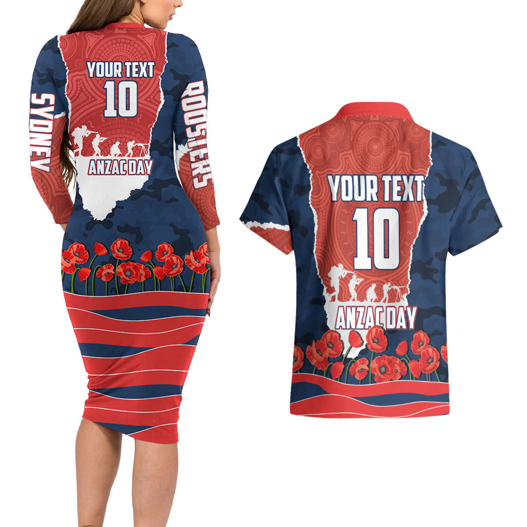 Personalized Sydney Roosters ANZAC Tribute Couples Matching Long Sleeve Bodycon Dress and Hawaiian Shirt Poppy Field Soldier Silhouette Aboriginal Rugby Mascot