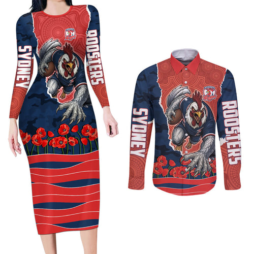 Personalized Sydney Roosters ANZAC Tribute Couples Matching Long Sleeve Bodycon Dress and Long Sleeve Button Shirt Poppy Field Soldier Silhouette Aboriginal Rugby Mascot