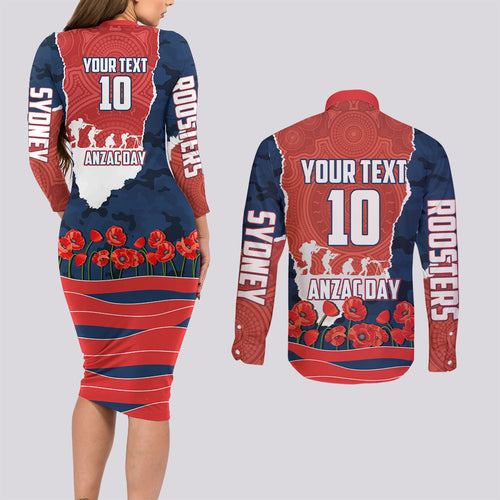 Personalized Sydney Roosters ANZAC Tribute Couples Matching Long Sleeve Bodycon Dress and Long Sleeve Button Shirt Poppy Field Soldier Silhouette Aboriginal Rugby Mascot