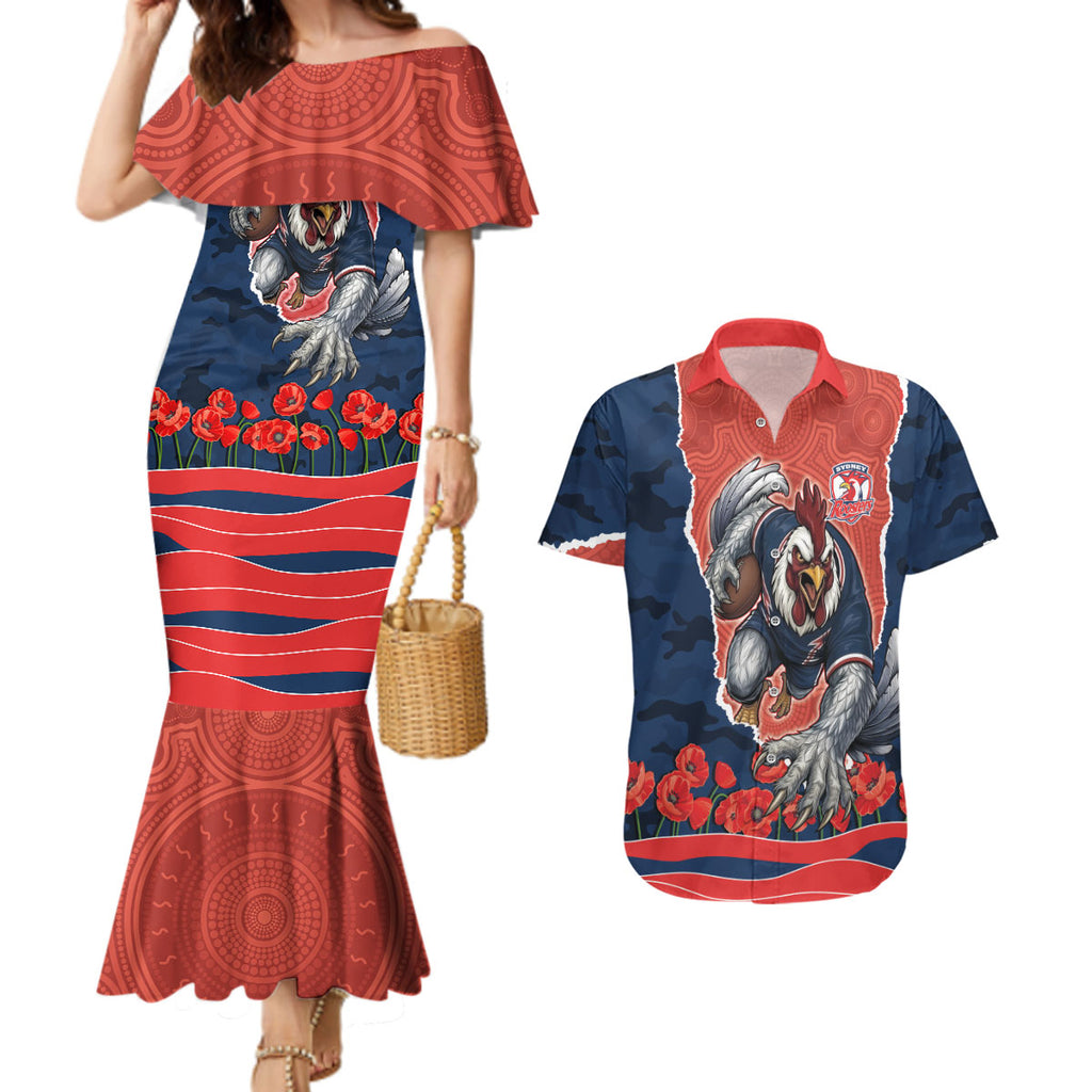 Personalized Sydney Roosters ANZAC Tribute Couples Matching Mermaid Dress and Hawaiian Shirt Poppy Field Soldier Silhouette Aboriginal Rugby Mascot