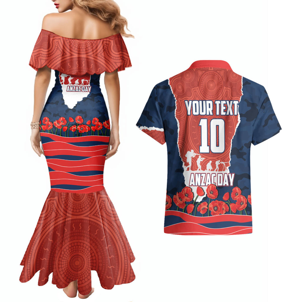 Personalized Sydney Roosters ANZAC Tribute Couples Matching Mermaid Dress and Hawaiian Shirt Poppy Field Soldier Silhouette Aboriginal Rugby Mascot