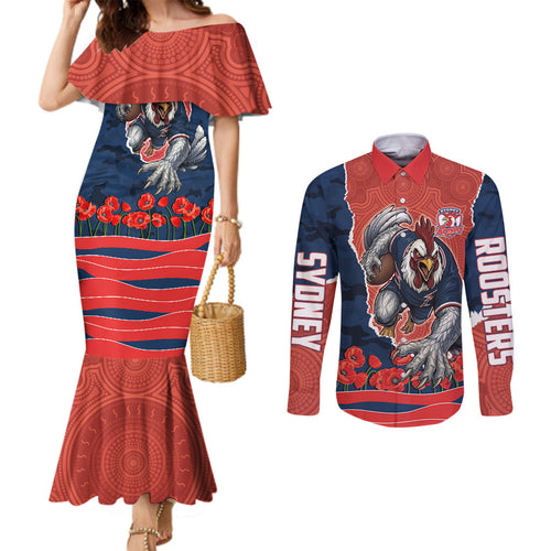 Personalized Sydney Roosters ANZAC Tribute Couples Matching Mermaid Dress and Long Sleeve Button Shirt Poppy Field Soldier Silhouette Aboriginal Rugby Mascot